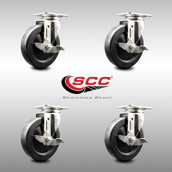 5 Inch 316SS Hard Rubber Wheel Swivel Top Plate Caster Set With Brake SCC